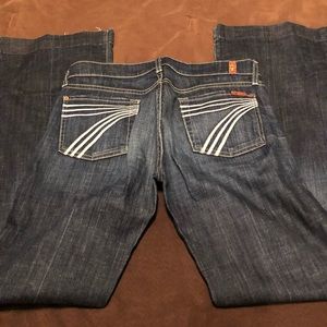 Dark wash dojos with white 7’s 29x33